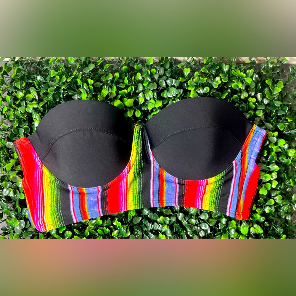 La Hearts Bra Swim Top Swimwear Black Multicolor Striped Double Strap Size Small